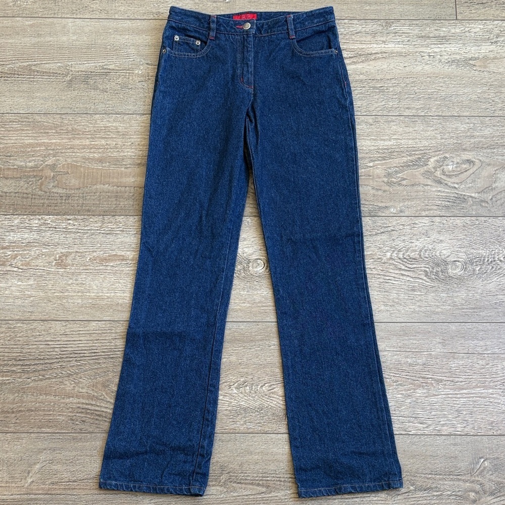 Vintage 90s Y2K BCBG Dark Blue Wash Straight Leg High Waisted Jean Red Stitching